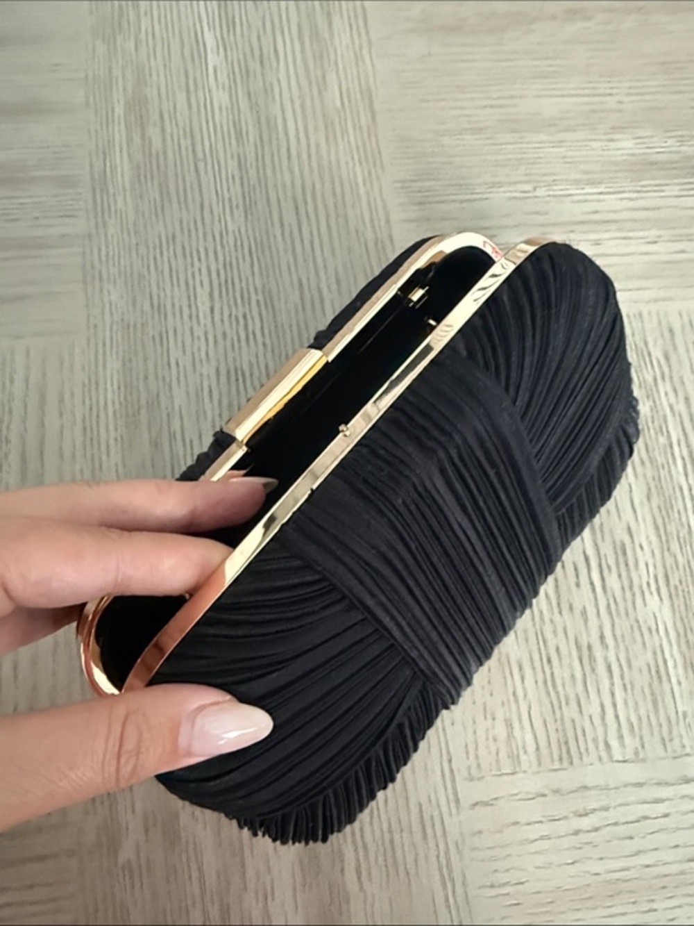 Elegant Black Ruched Evening Clutch with Gold Frame